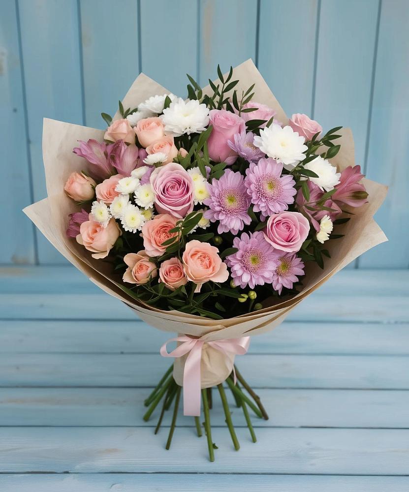 Букет цветов из: Хризантемы, Розы и Альстромерии в Кашхатау