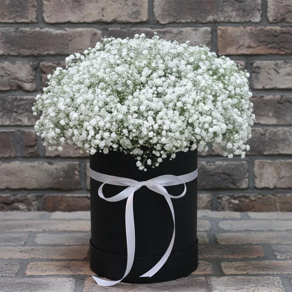 Цветочная композиция из Гипсофила в шляпной коробке в Кашхатау