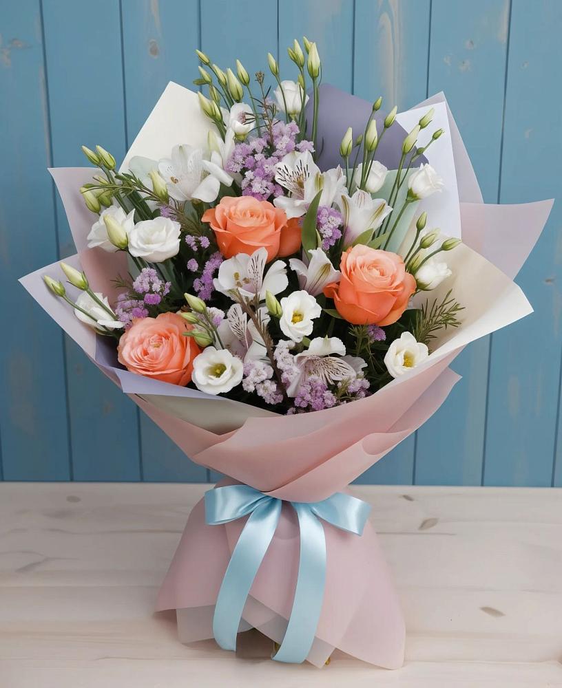Букет цветов из: Лизиантусы, Розы, Альстромерии и Гипсофила в Кашхатау